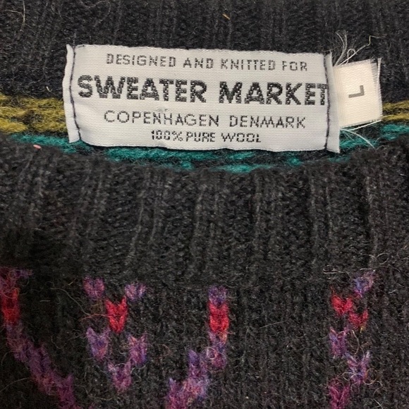 SWEATER MARKET Denmark Vintage Mens Fair Isle Sweater Crew Neck Dark Gray Wool L - Picture 4 of 4